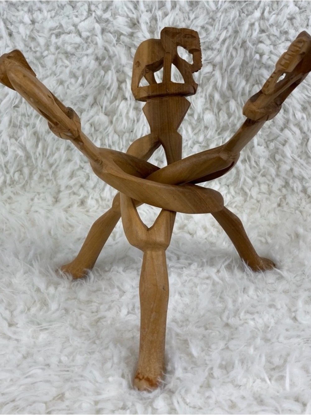 Hand Carved Wooden Elephant Trio Interlocking Collapsable Plant Stand